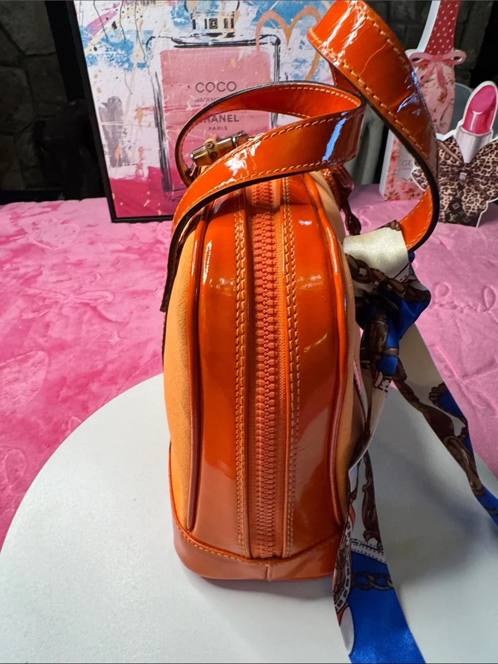 Gucci Coral Canvas & Orange Patent Leather TopZip Satchel/Crossbody Bamboo Pulls